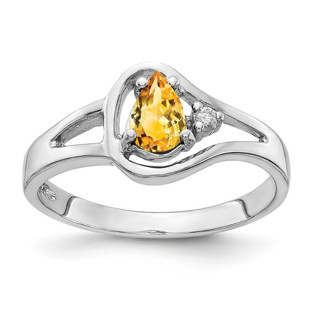 14K Weißgold Ring mit 6x4 mm tropfenförmigem Citrin VS und echten Diamanten