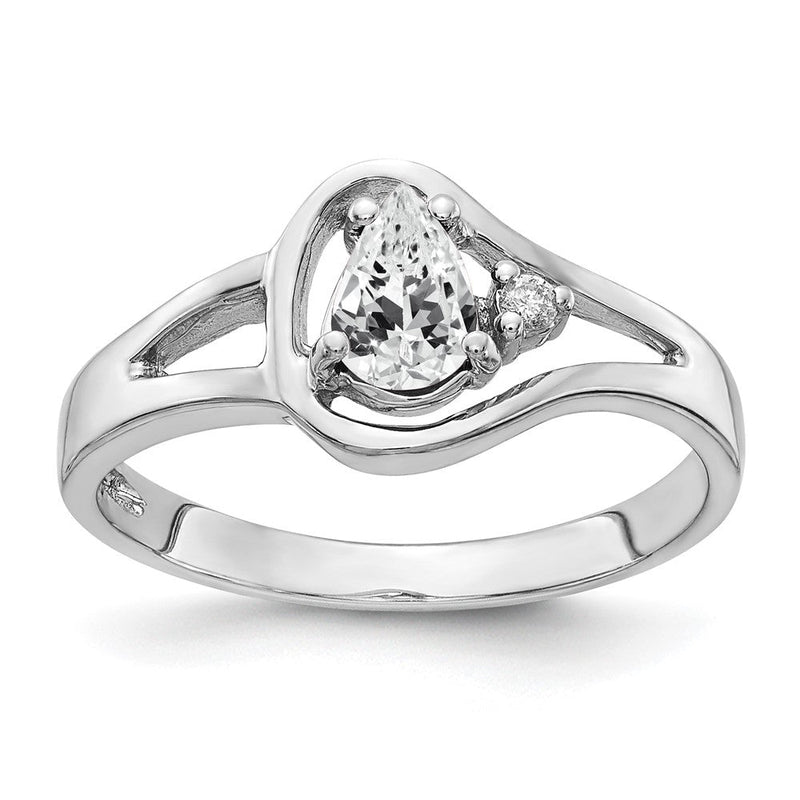 14K Weißgold Ring mit 6x4 mm Zirkonia im Tropfenschliff und einem echten Diamanten
