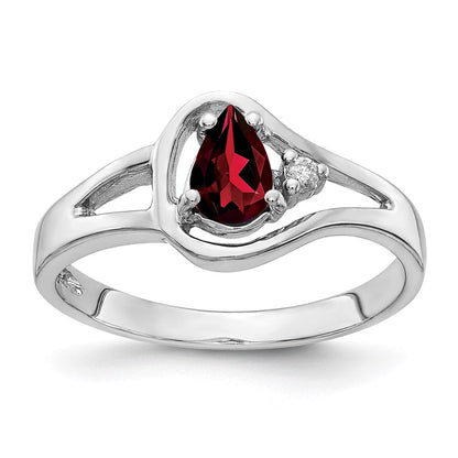 14K Weißgold Ring mit Granat im Karo-Schliff (tropfenförmig, 6x4 mm) und echten Diamanten