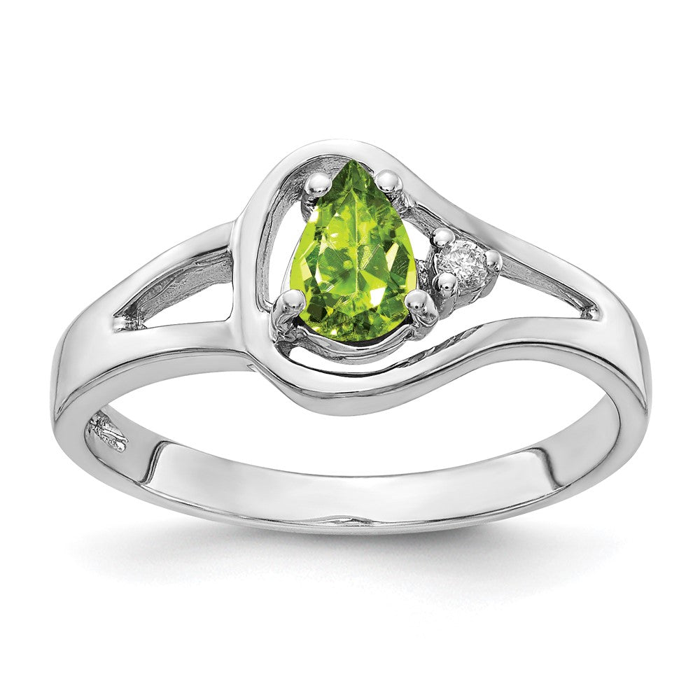 14K Weißgold Ring mit 6x4 mm Peridot im Tropfenschliff VS und echten Diamanten
