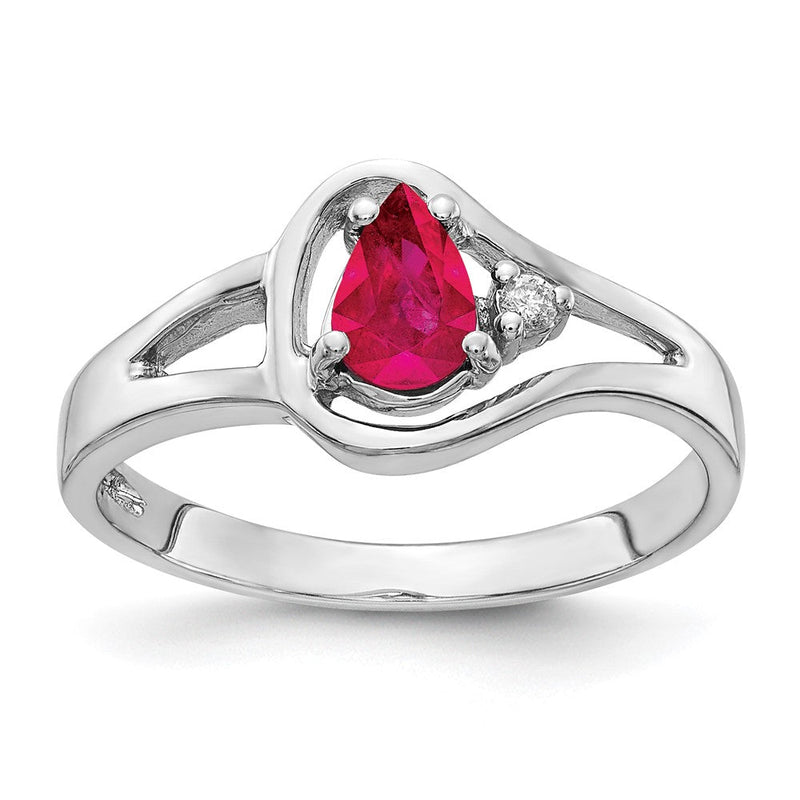14K Weißgold Ring mit Rubin in Tropfenform 6x4 mm VS und echten Diamanten