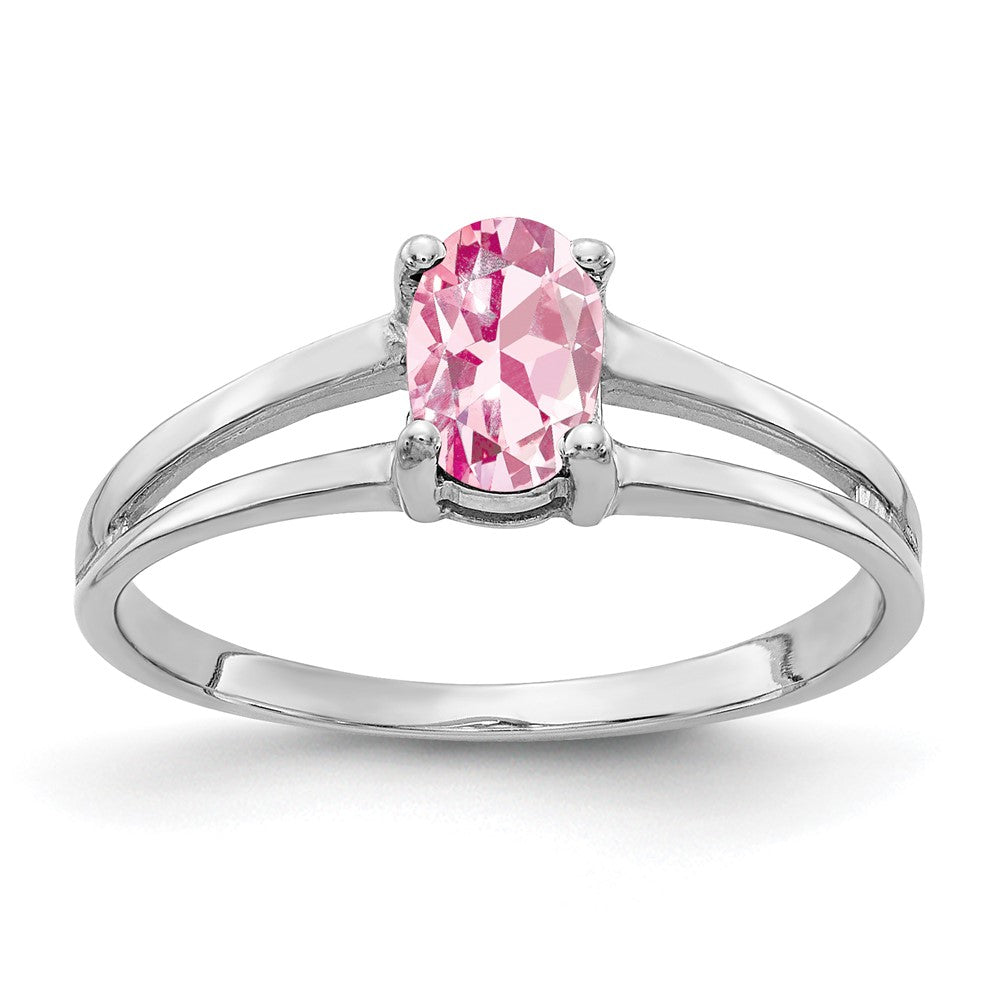 Massivring aus 14K Weißgold mit 6x4mm ovalem simuliertem rosa Turmalin