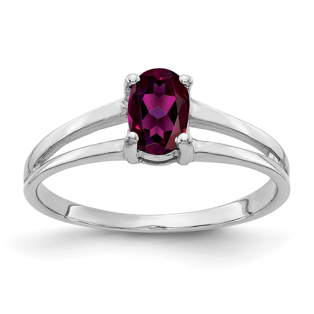 Massivring aus 14K Weißgold mit ovalem simuliertem Rhodolith-Granat, 6x4mm
