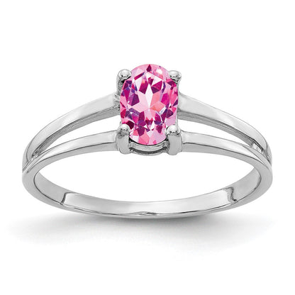 Massiv 14K Weißgold 6x4mm Oval Rosa Synthetisch Saphir Ring