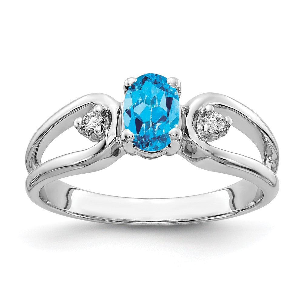 14K Weißgold 6x4mm Oval Blautopas Karo A Echt Diamant Ring