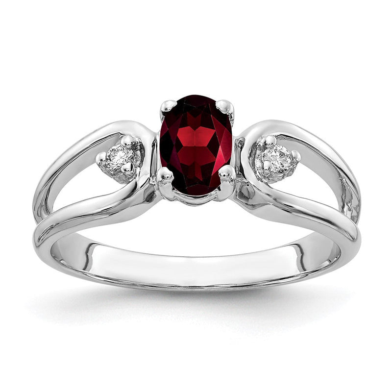 14K Weißgold Ring mit 6x4 mm ovalem Granat im Schachbrettschliff und echtem Diamant, VS