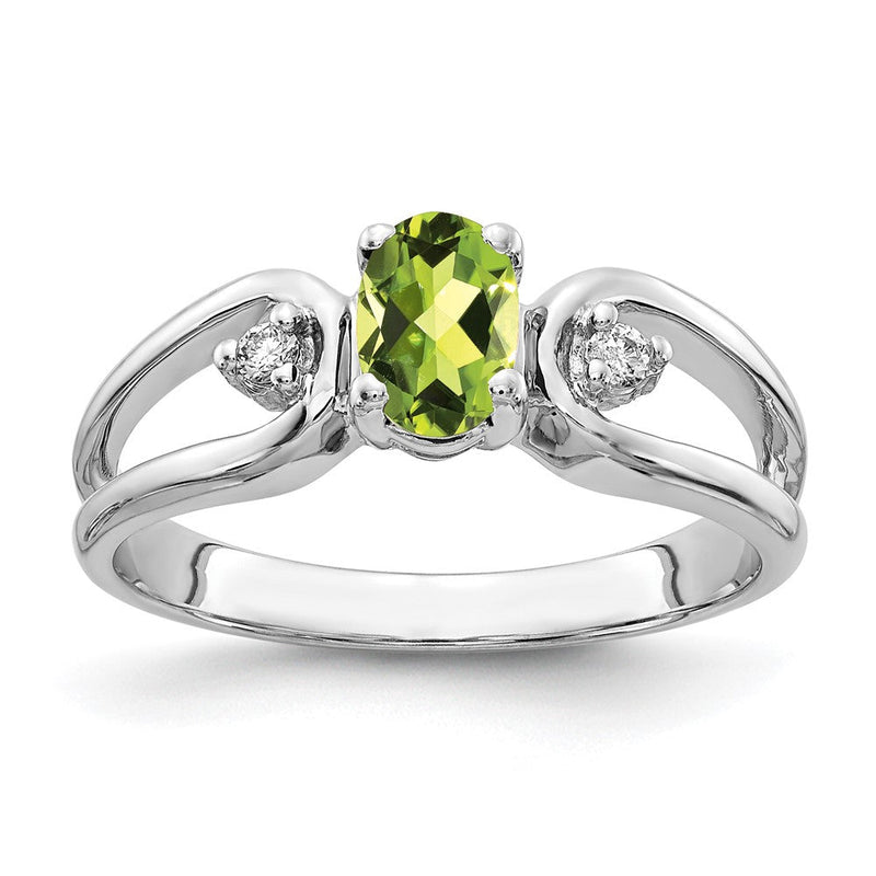 14K Weißgold Ring mit ovalem 6x4mm Peridot und echtem Diamant