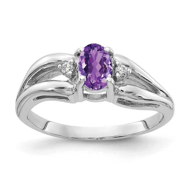 14K Weißgold Ring mit ovalem Amethyst AAA 6x4 mm und echten Diamanten