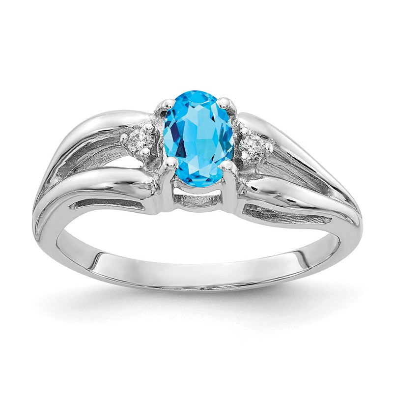 14K Weißgold Ring mit ovalem 6 x 4 mm blauen Topas in AA-Qualität und echten Diamanten