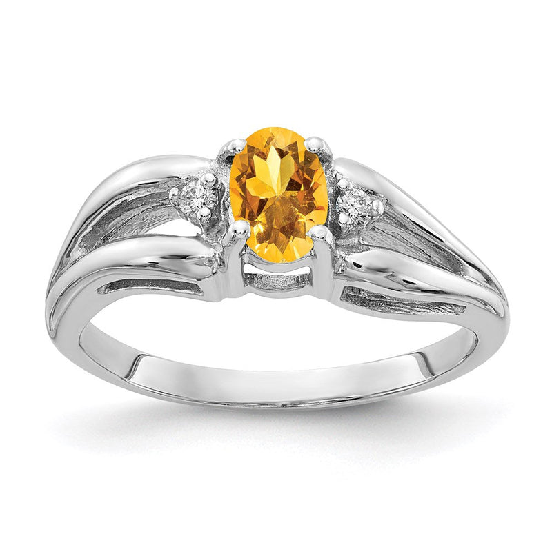 14K Weißgold Ring mit ovalem Citrin AAA 6x4 mm und echten Diamanten