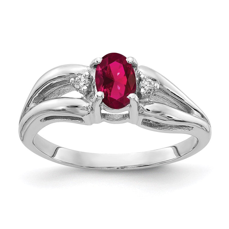 14K Weißgold Ring mit 6x4 mm ovalem, synthetischem Rubin VS und echten Diamanten