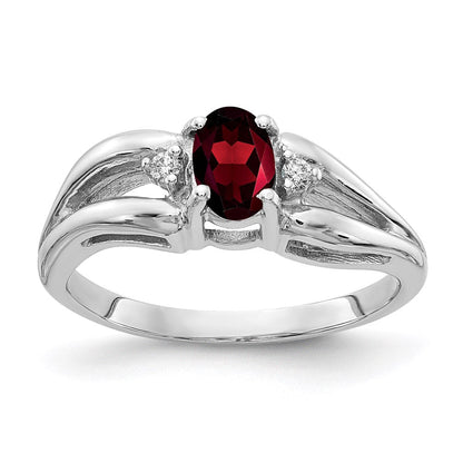 14K Weißgold Ring mit 6x4 mm ovalem Granat im Schachbrettschliff AA und echten Diamanten