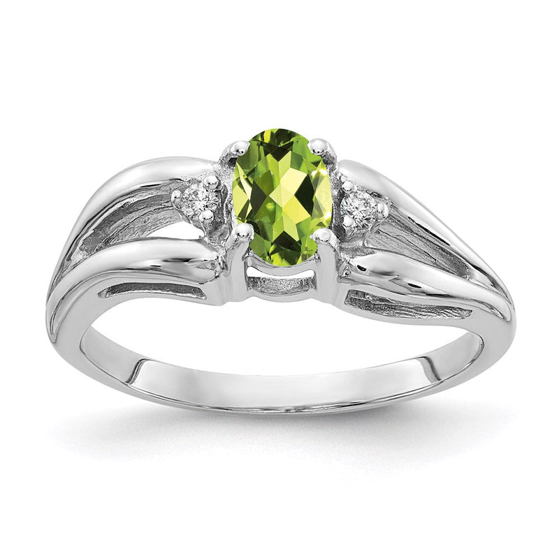 14K Weißgold Ring mit 6x4mm ovalem Peridot im Schachbrettschliff AAA und echten Diamanten