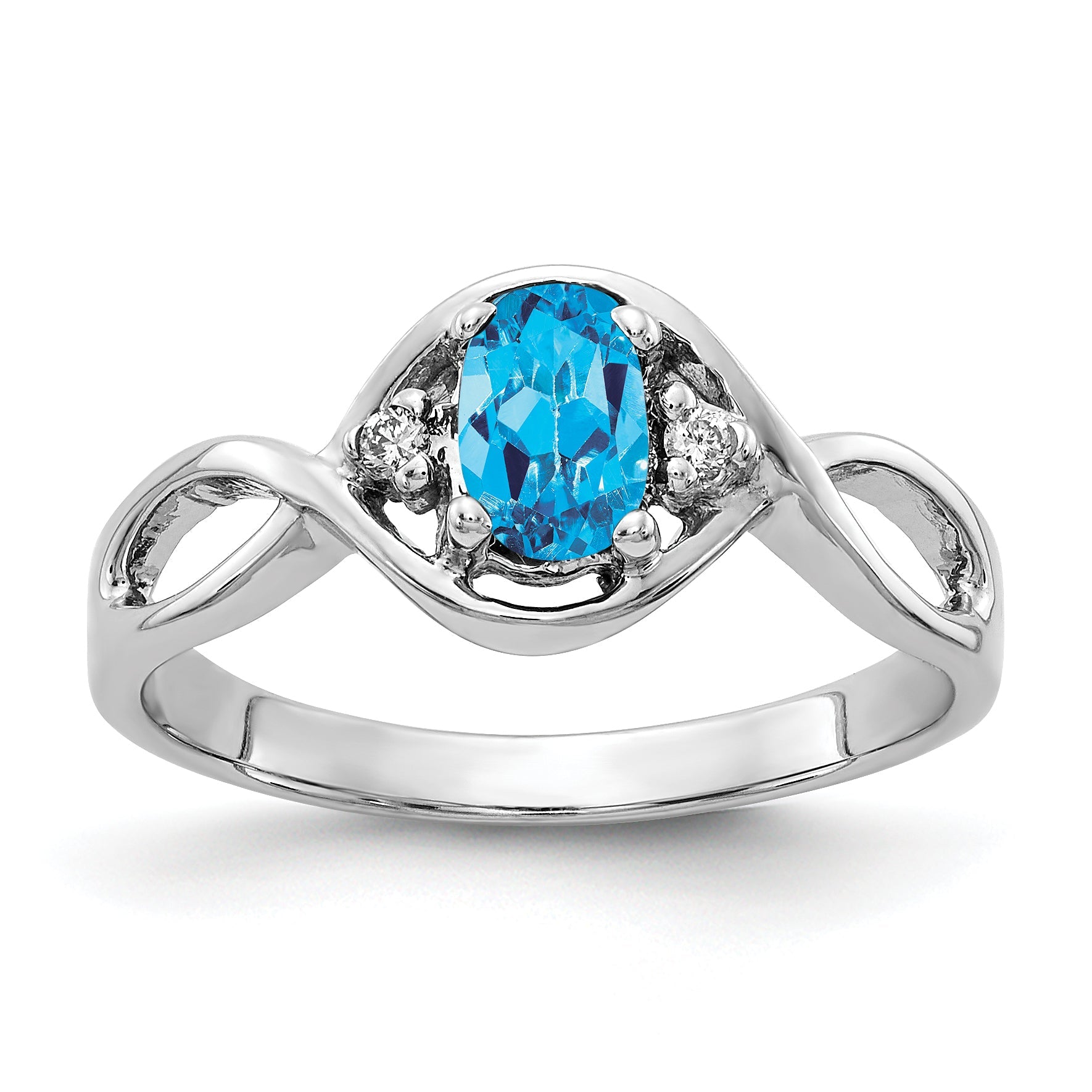 14K Weißgold 6x4mm Oval Blautopas Karo Aaa Echt Diamant Ring