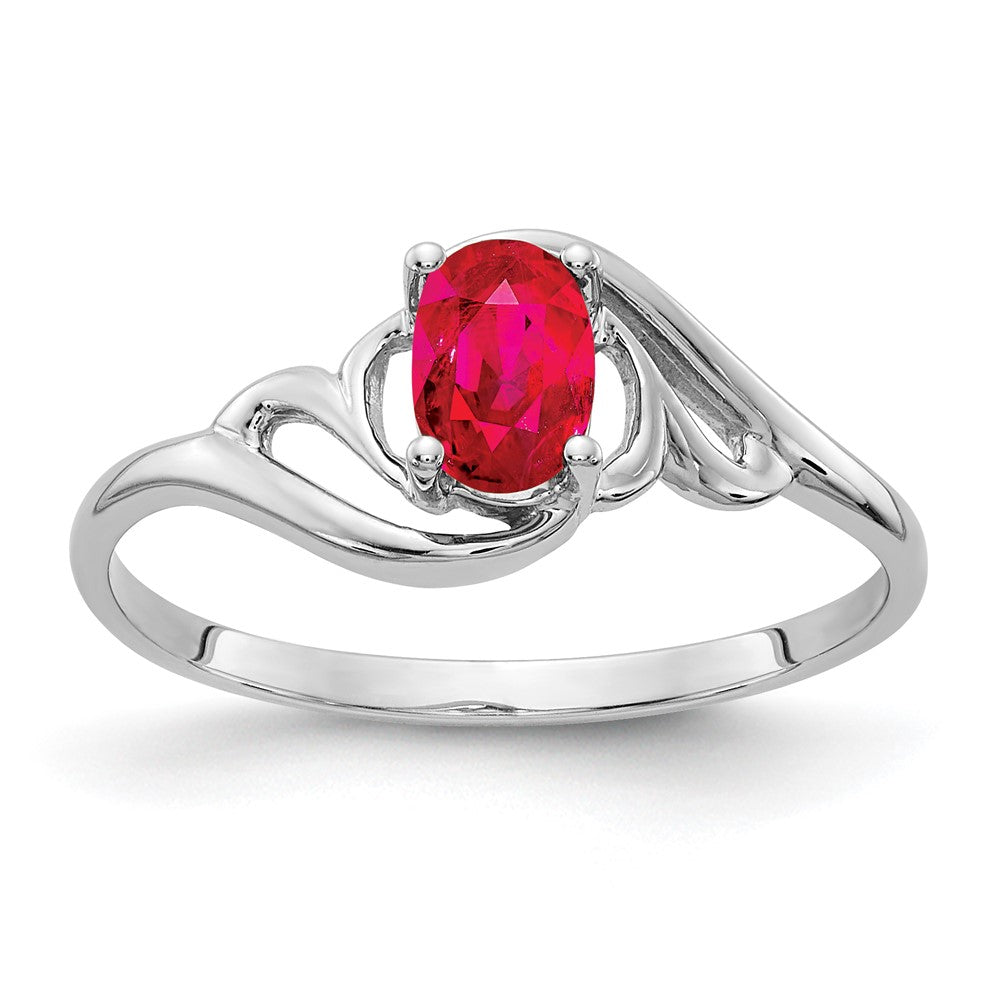 Massiv 14K Weißgold 6x4mm Oval Synthetisch Rubin Ring