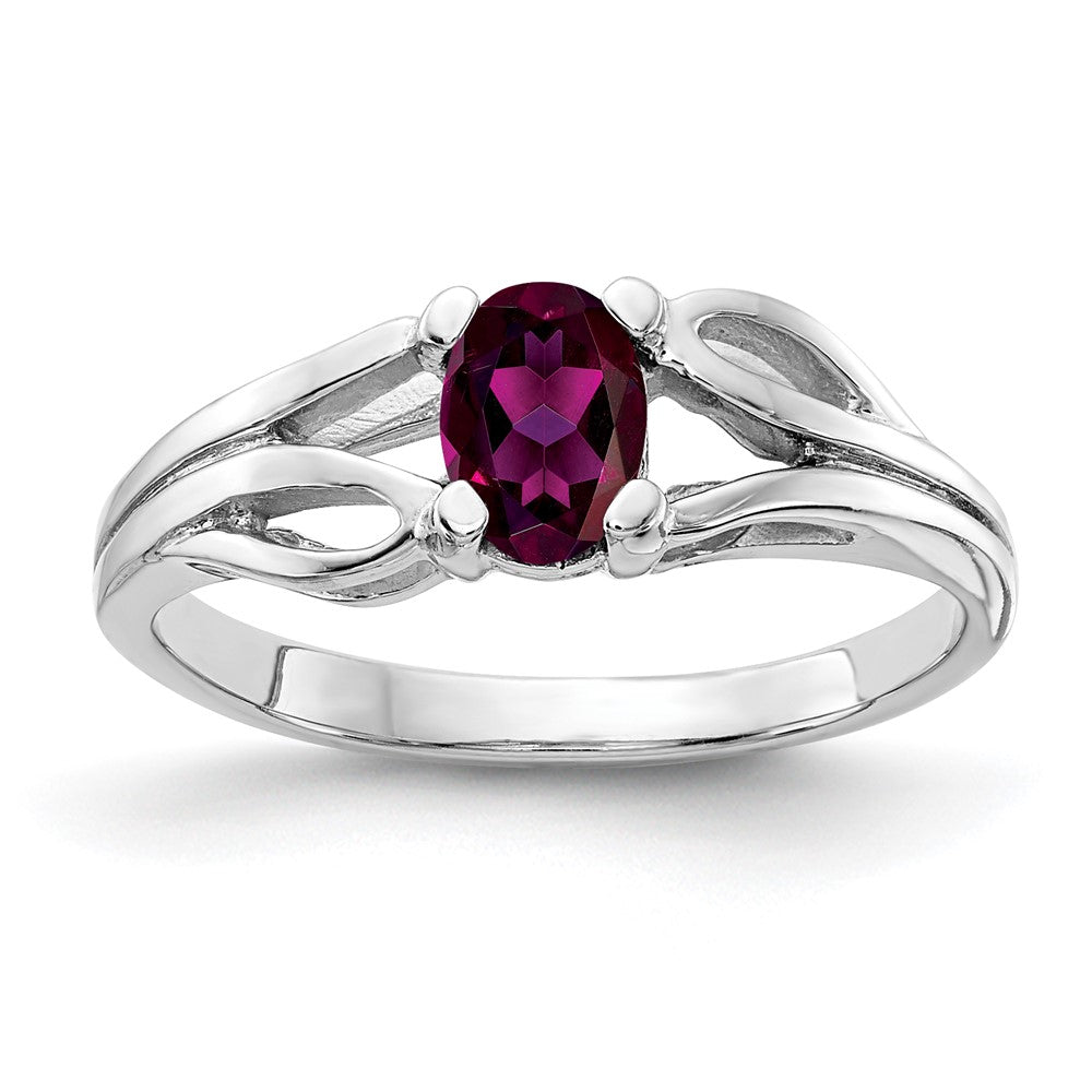 Massivring aus 14K Weißgold mit ovalem simuliertem Rhodolith-Granat, 6x4mm