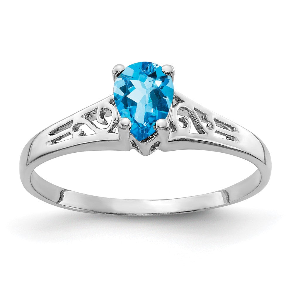 14K Weißgold Ring mit 6x4mm birnenförmigem Blautopas im Schachbrettschliff