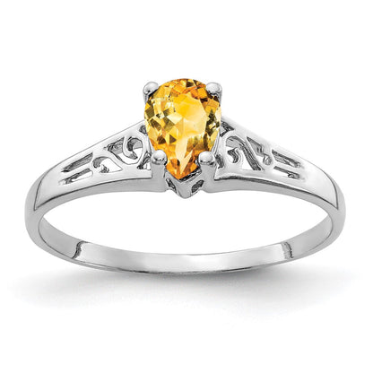 14K Weißgold Ring mit 6x4mm birnenförmigem Citrin im Schachbrettschliff