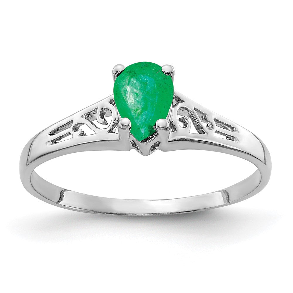 14K Weißgold Ring mit birnenförmigem Smaragd, 6x4mm