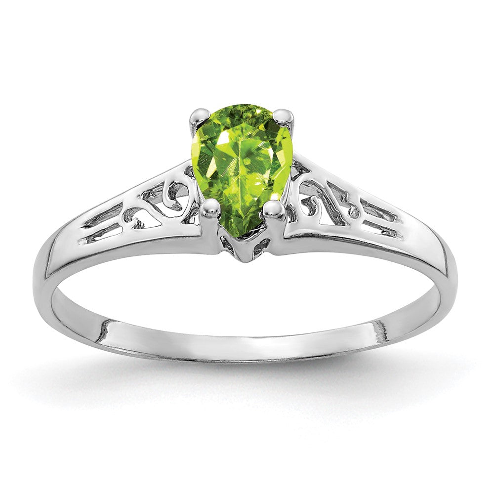 14K Weißgold Peridot-Ring, 6x4 mm, Birnenschliff, Schachbrettschliff