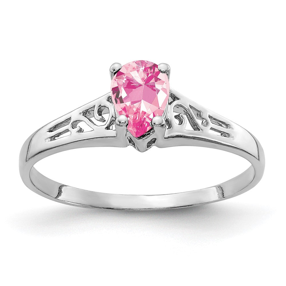 Massivring aus 14K Weißgold mit birnenförmigem simulierten rosa Turmalin, 6x4 mm