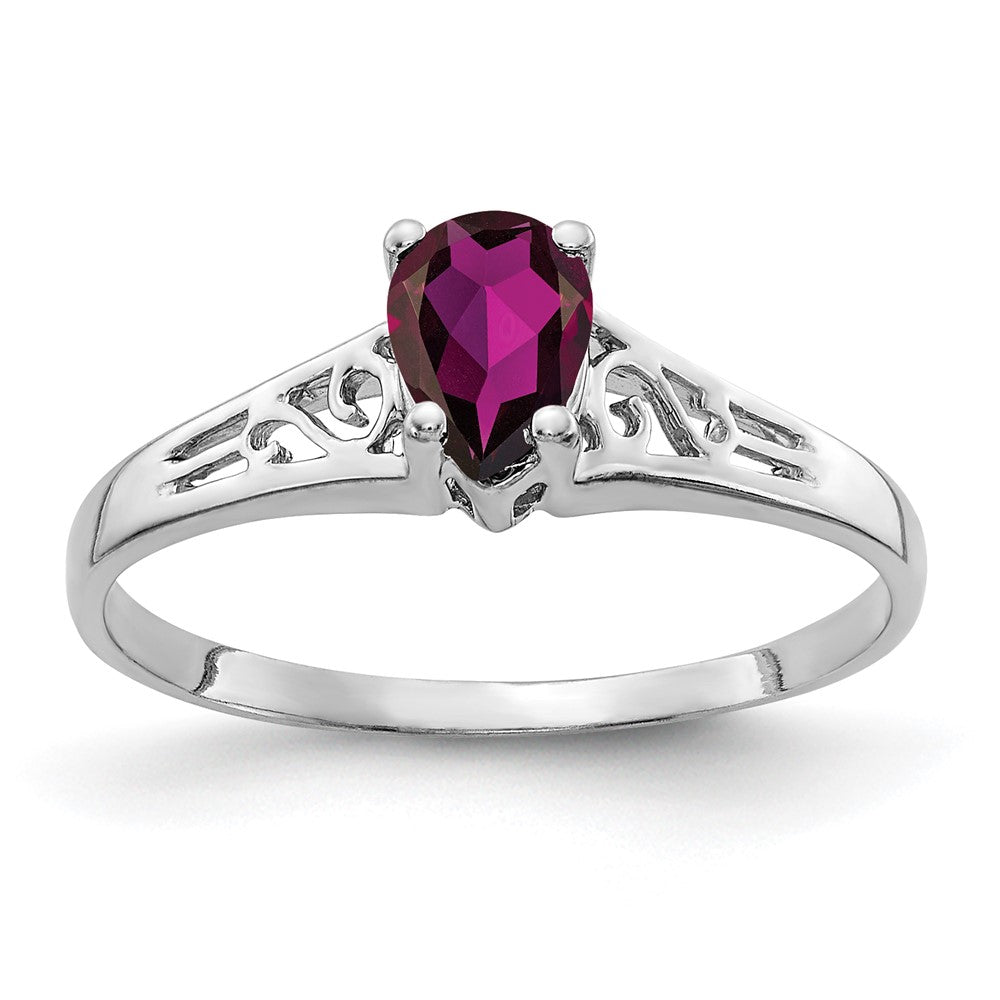Solid 14K Weißgold Ring mit 6x4mm birnenförmigem simuliertem Rhodolith-Granat