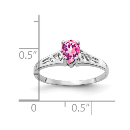 Massiv 14K Weißgold 6x4mm Tropfen Rosa Synthetisch Saphir Ring