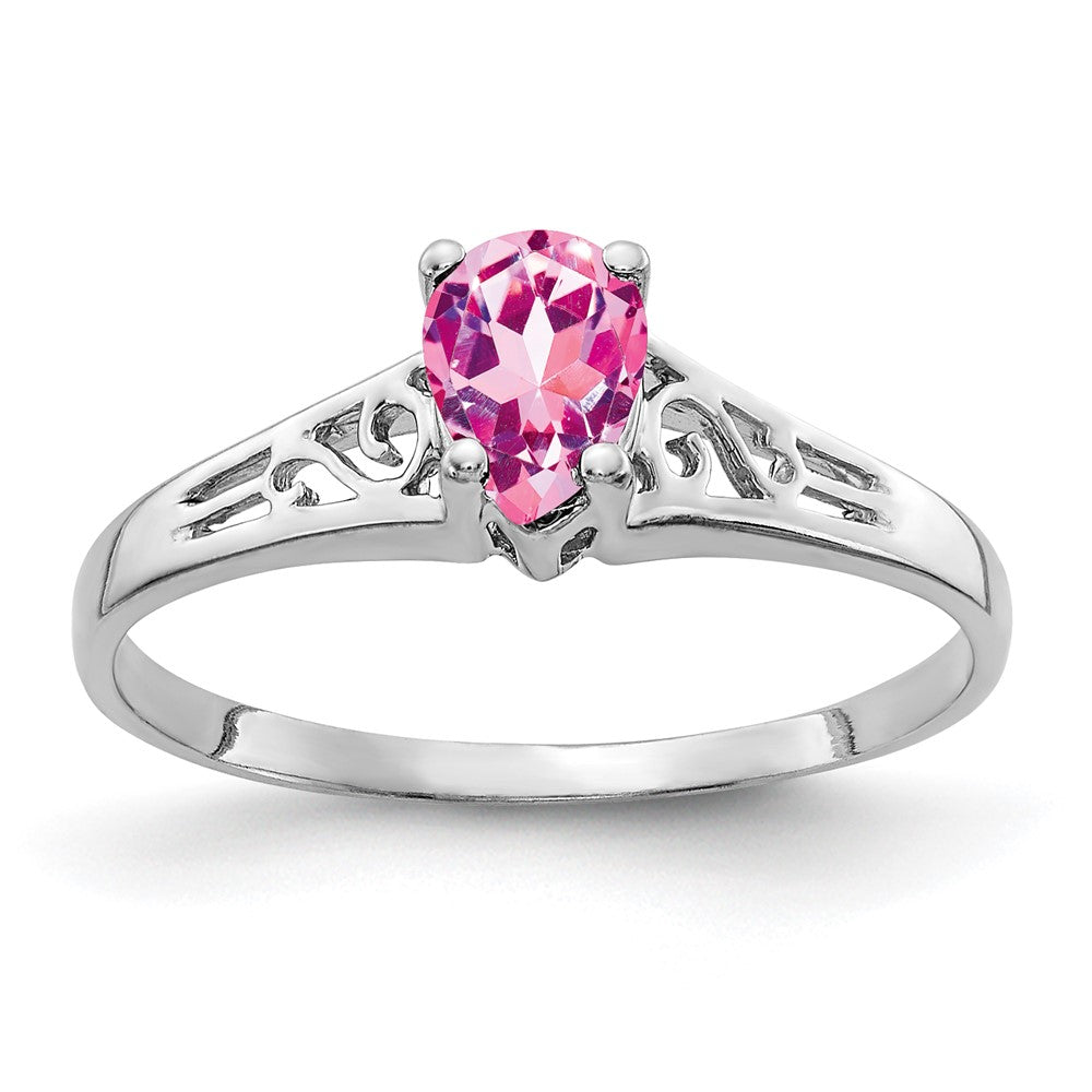 Massiv 14K Weißgold 6x4mm Tropfen Rosa Synthetisch Saphir Ring
