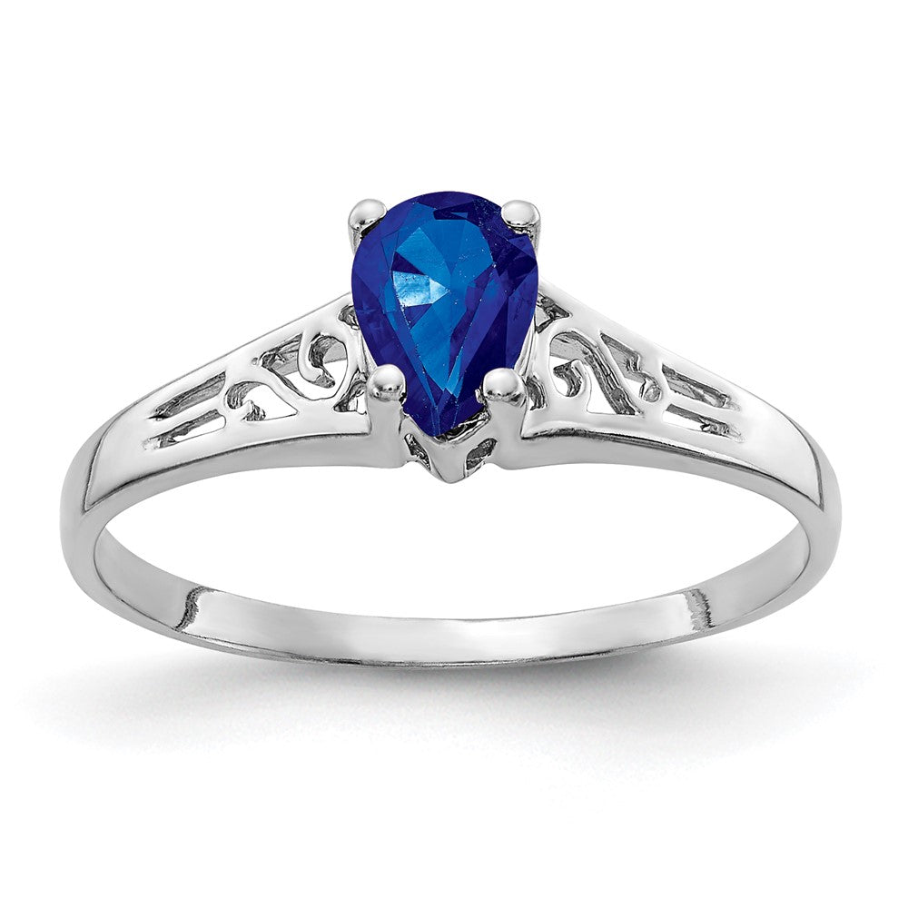Massiv 14K Weißgold 6x4mm Tropfen Synthetisch Saphir Ring