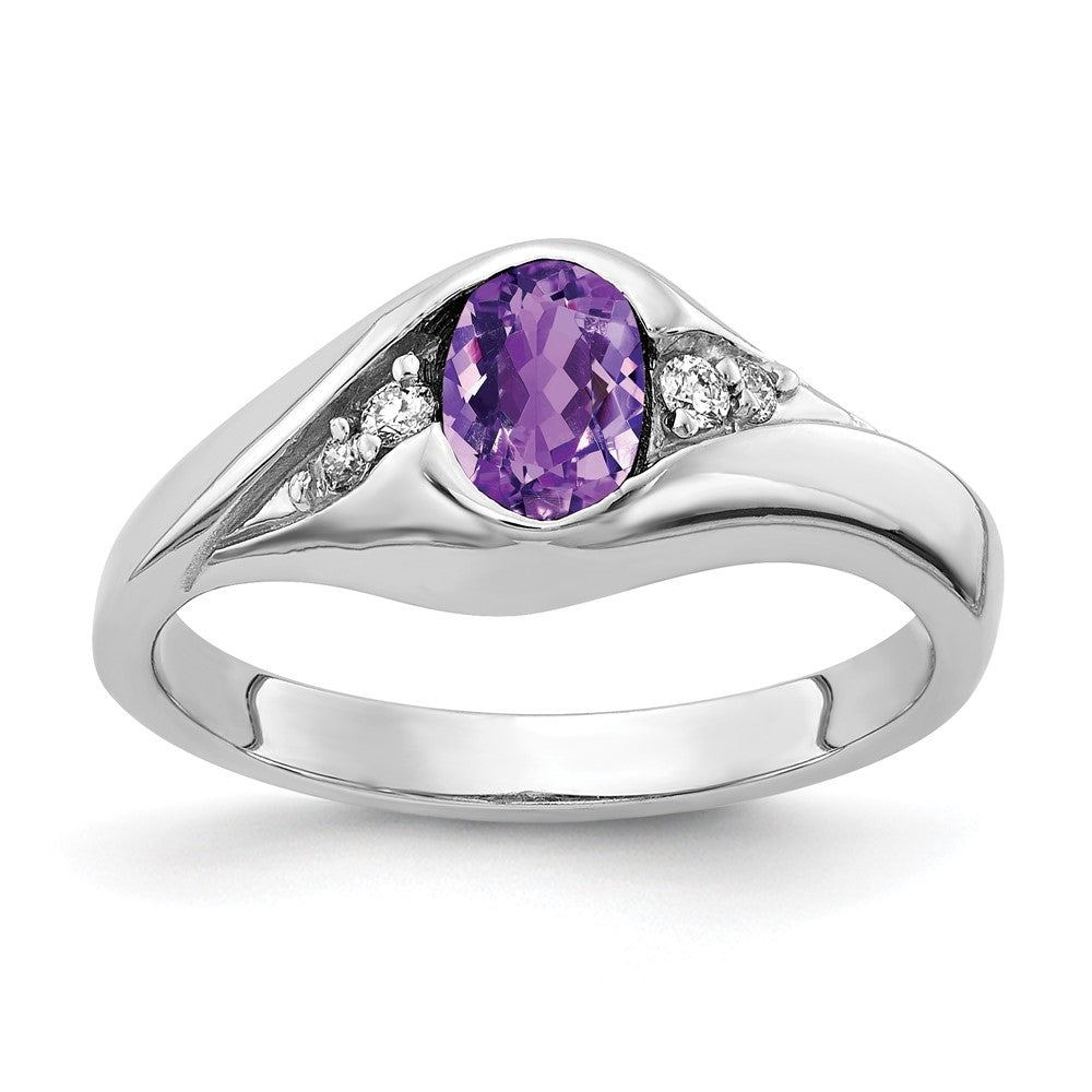 14K Weißgold Ring mit 6x4mm ovalem Amethyst im Karo-Schliff (AA) und echten Diamanten