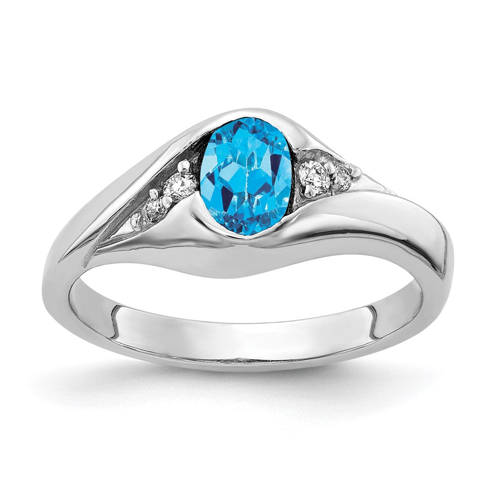 14K Weißgold Ring mit 6x4mm ovalem blauem Topas VS und echten Diamanten