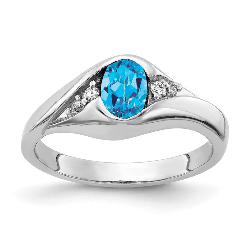 14K Weißgold Ring mit ovalem blauem Topas 6x4 mm Güteklasse A und echtem Diamant