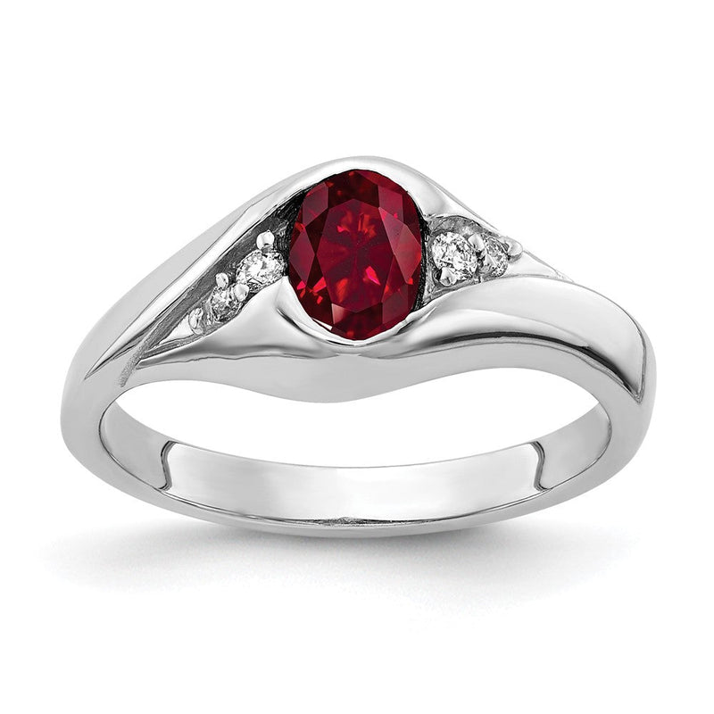 14K Weißgold Ring mit ovalem 6x4mm Rubin (synthetisch) VS und echten Diamanten