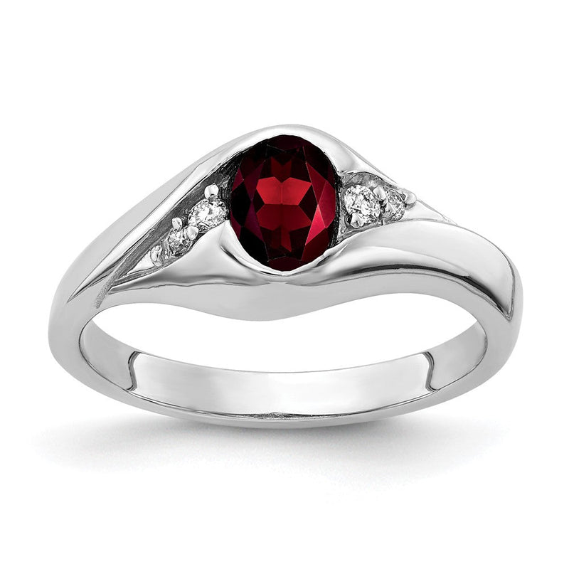 14K Weißgold Ring mit 6x4 mm ovalem Granat im Schachbrettschliff, Güteklasse AA, und echten Diamanten