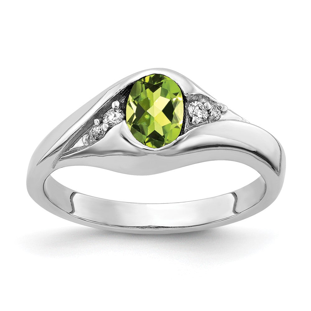 14K Weißgold Ring mit 6x4mm ovalem Peridot im Schachbrettschliff und echten Diamanten VS