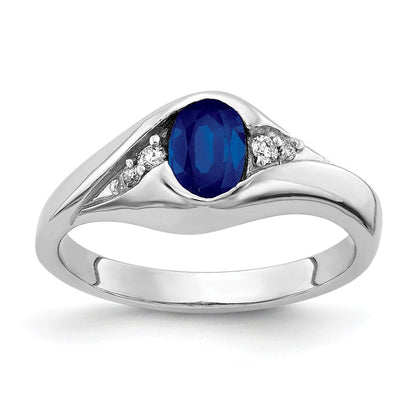 14K Weißgold Ring mit ovalem Saphir AA 6x4 mm und echten Diamanten