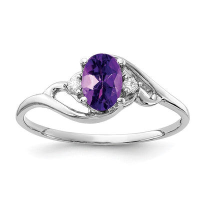 Ring aus 14K Weißgold mit ovalem 6x4 mm Amethyst AAA und echten Diamanten