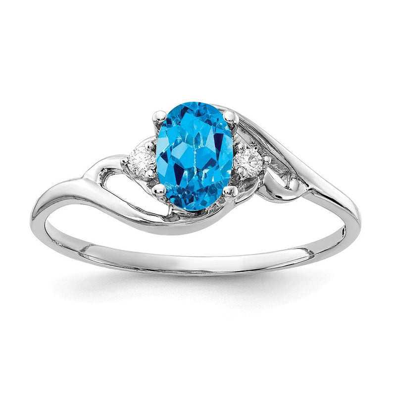 14K Weißgold Ring mit 6x4 mm ovalem Blautopas AAA und echten Diamanten