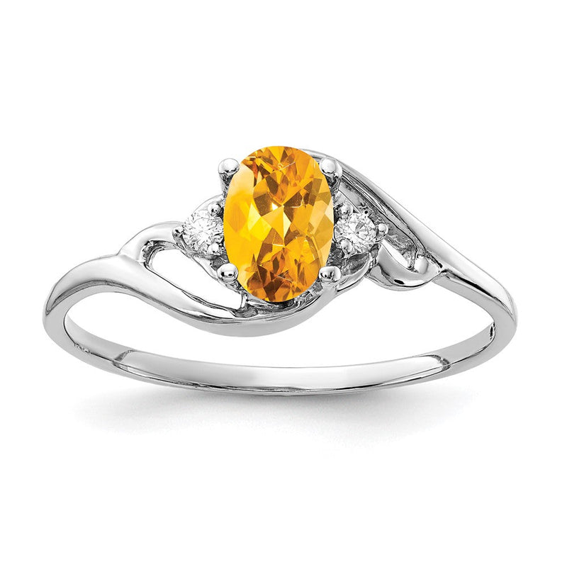 14K Weißgold Ring mit 6x4 mm Citrin im Karo-Schliff, oval, und echtem Diamant