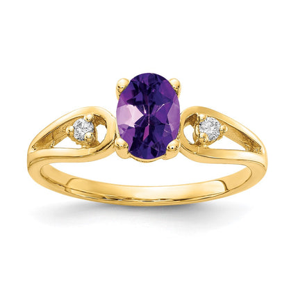 14K Gelbgold 7x5mm Oval Amethyst A Echt Diamant Ring