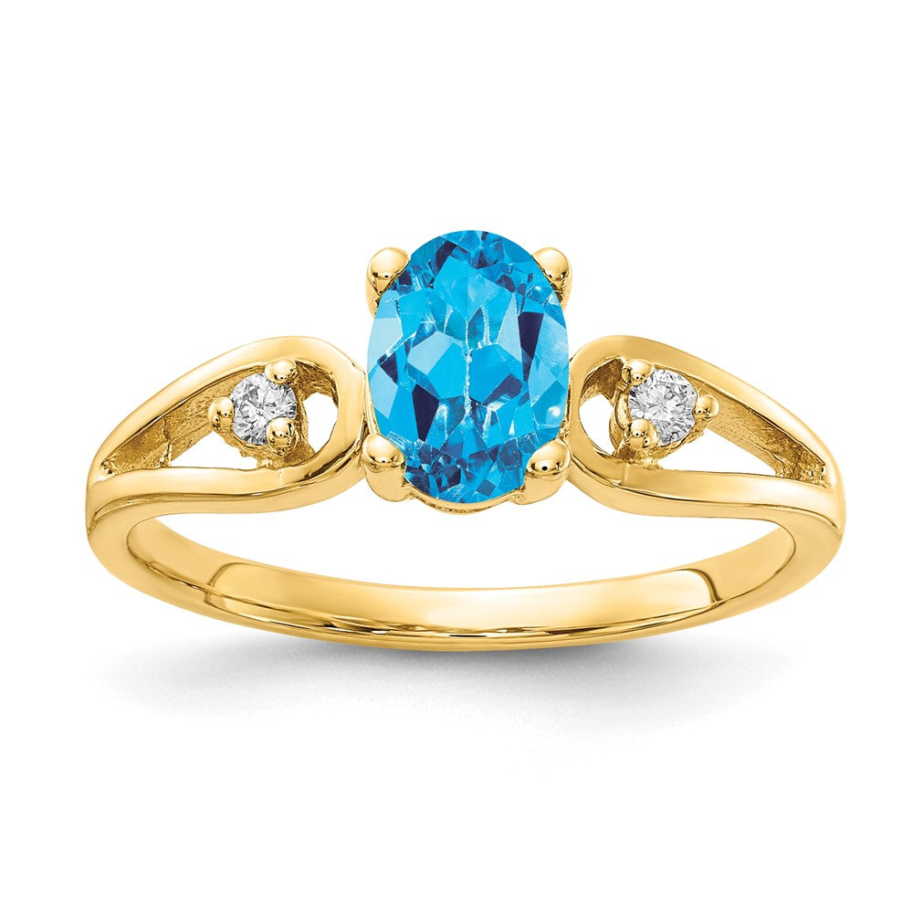 14K Gelbgold 7x5mm Oval Blautopas A Echt Diamant Ring