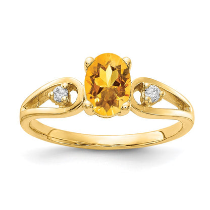 14K Gelbgold 7x5mm Oval Citrin A Echt Diamant Ring