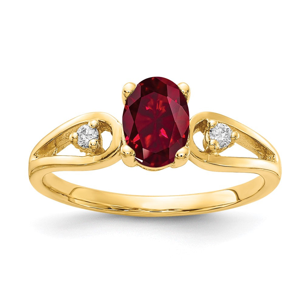 14K Gelbgold 7x5mm Oval Erzeugt Rubin A Echt Diamant Ring