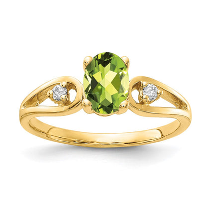 14K Gelbgold 7x5mm Oval Peridot A Echt Diamant Ring