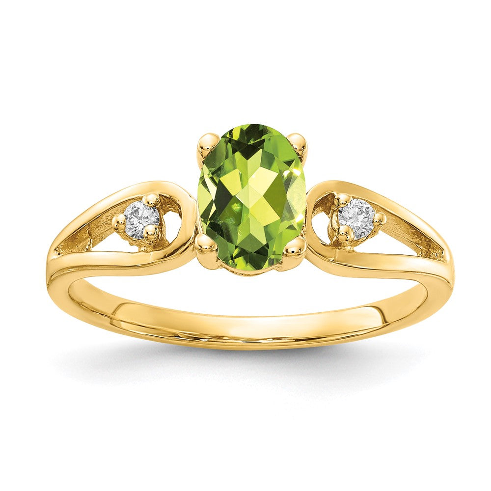 14K Gelbgold 7x5mm Oval Peridot Karo A Echt Diamant Ring