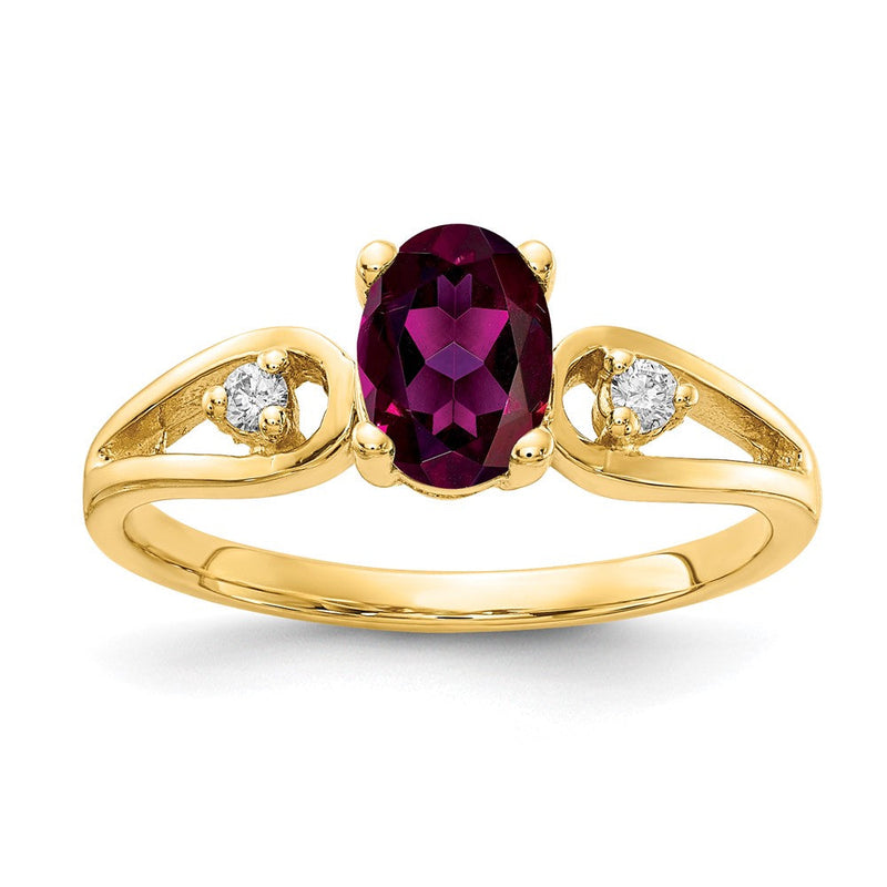 14K Gelbgold 7x5mm Oval Rhodolith Granat Aaa Diamant Ring