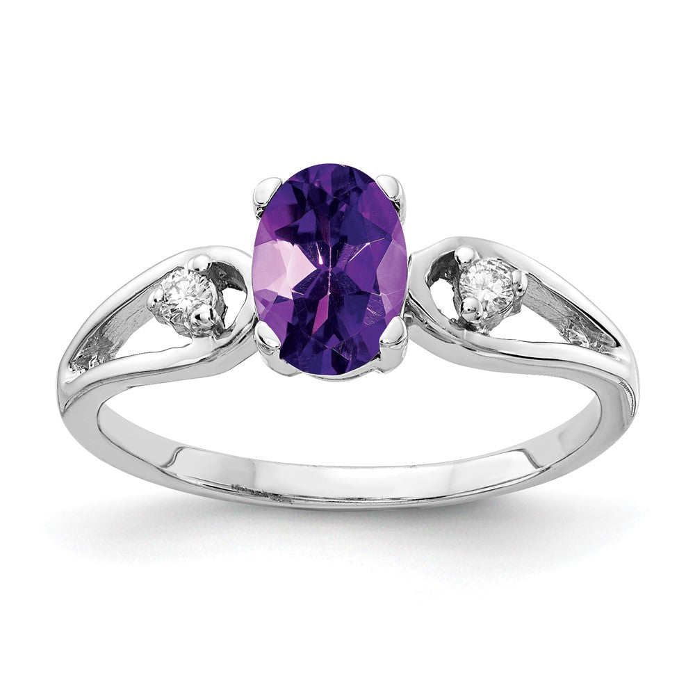 14K Weißgold 7x5mm Oval Amethyst Karo A Echt Diamant Ring
