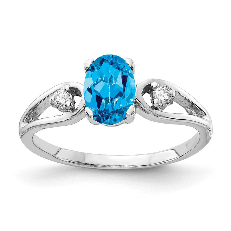 14K Weißgold Ring mit ovalem 7x5 mm Blautopas (A-Qualität) und echtem Diamant