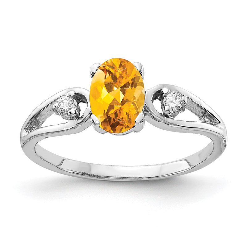 14K Weißgold Ring mit 7x5mm ovalem Citrin VS und echten Diamanten