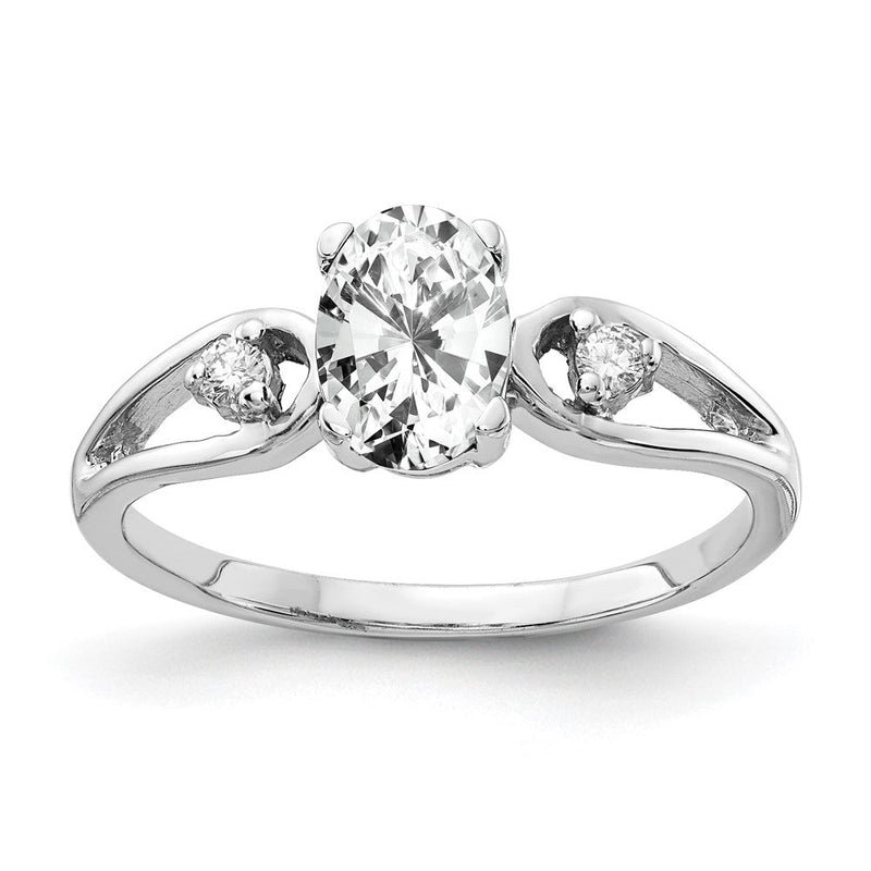 14K Weißgold Ring mit 7x5 mm ovalem Zirkonia und VS echtem Diamanten